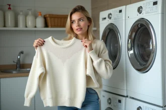 Femme contemplant un pull dans une buanderie moderne