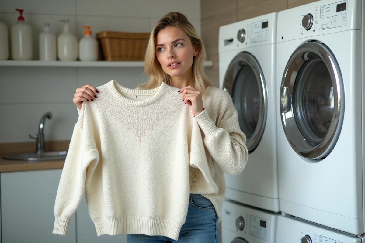 Femme contemplant un pull dans une buanderie moderne