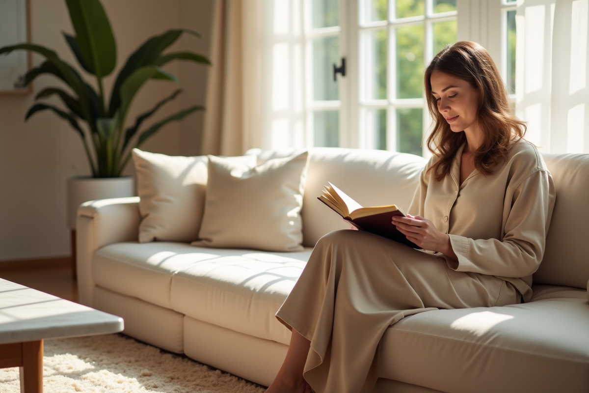 Femme lisant dans un salon lumineux et élégant