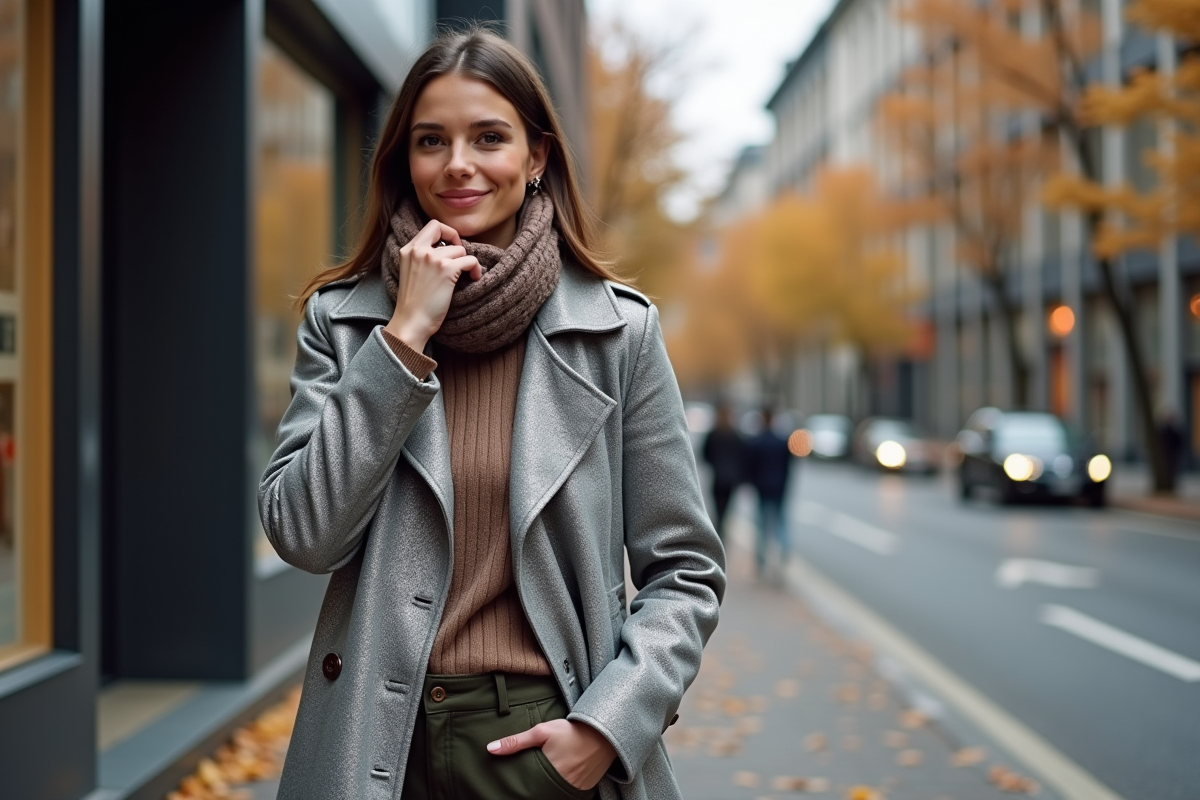 Femme élégante en manteau métallique automne
