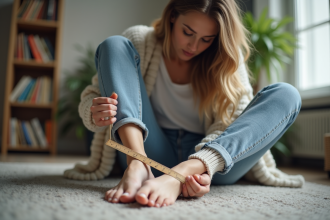 Femme mesurant son pied avec un règle en intérieur
