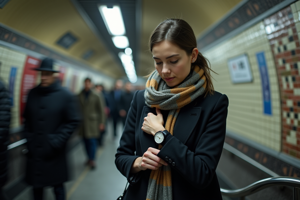 Jeune femme ajustant sa montre dans le métro