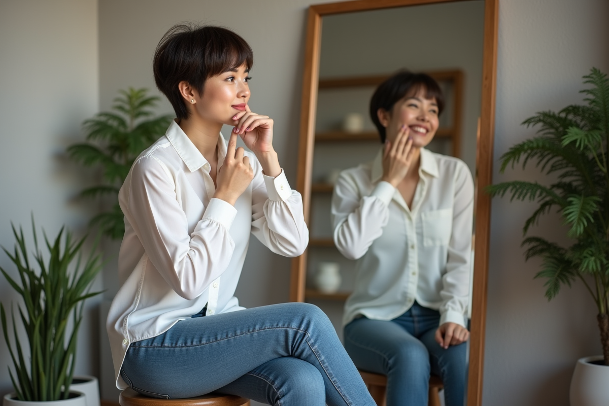 Femme en portrait naturel regardant dans un miroir