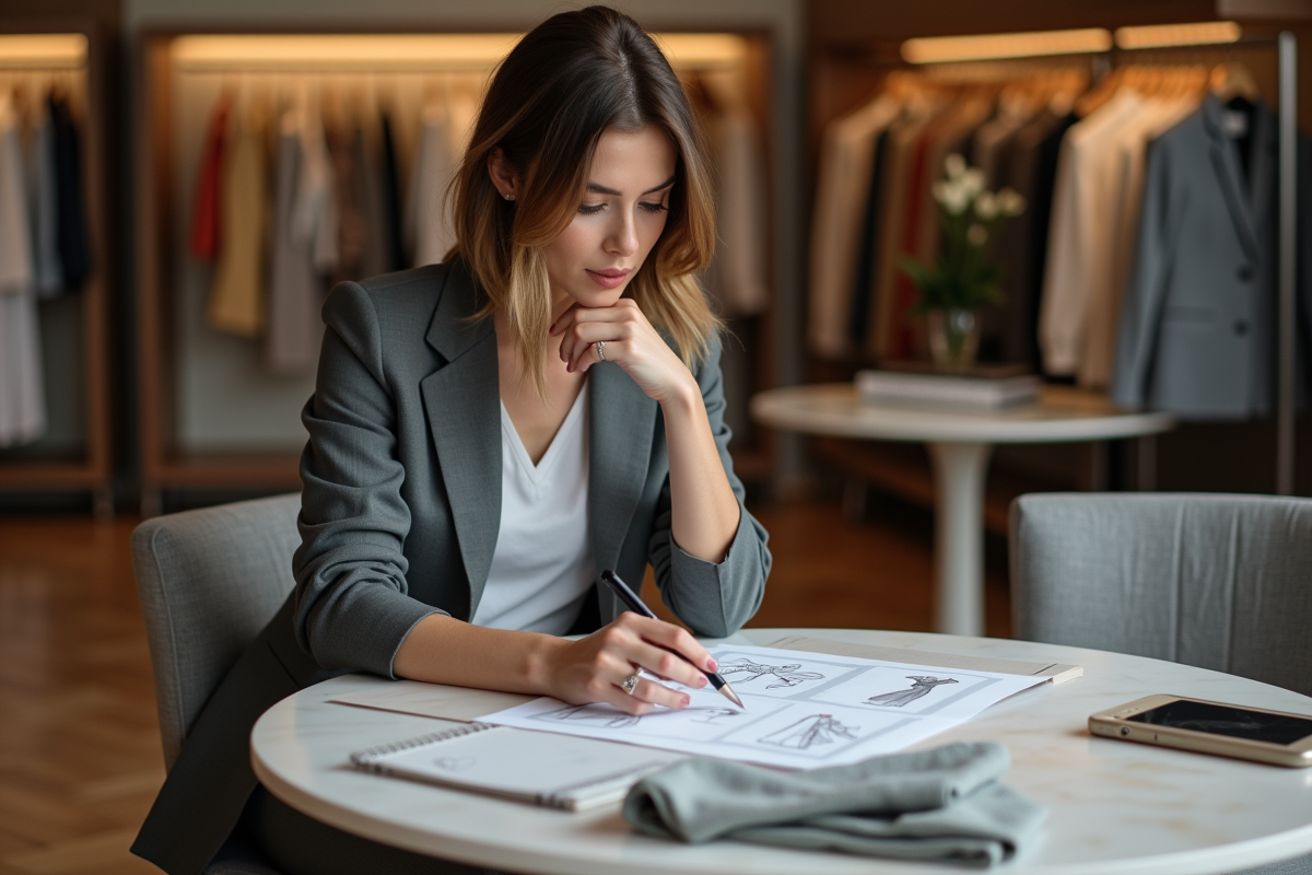 Femme élégante dans une boutique de mode en train d'étudier des croquis