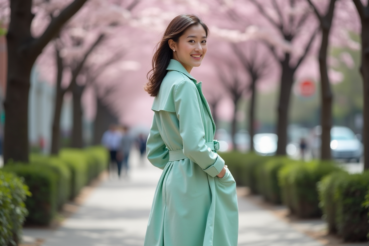 Femme élégante en trench pastel et pantalon menthe dans la ville