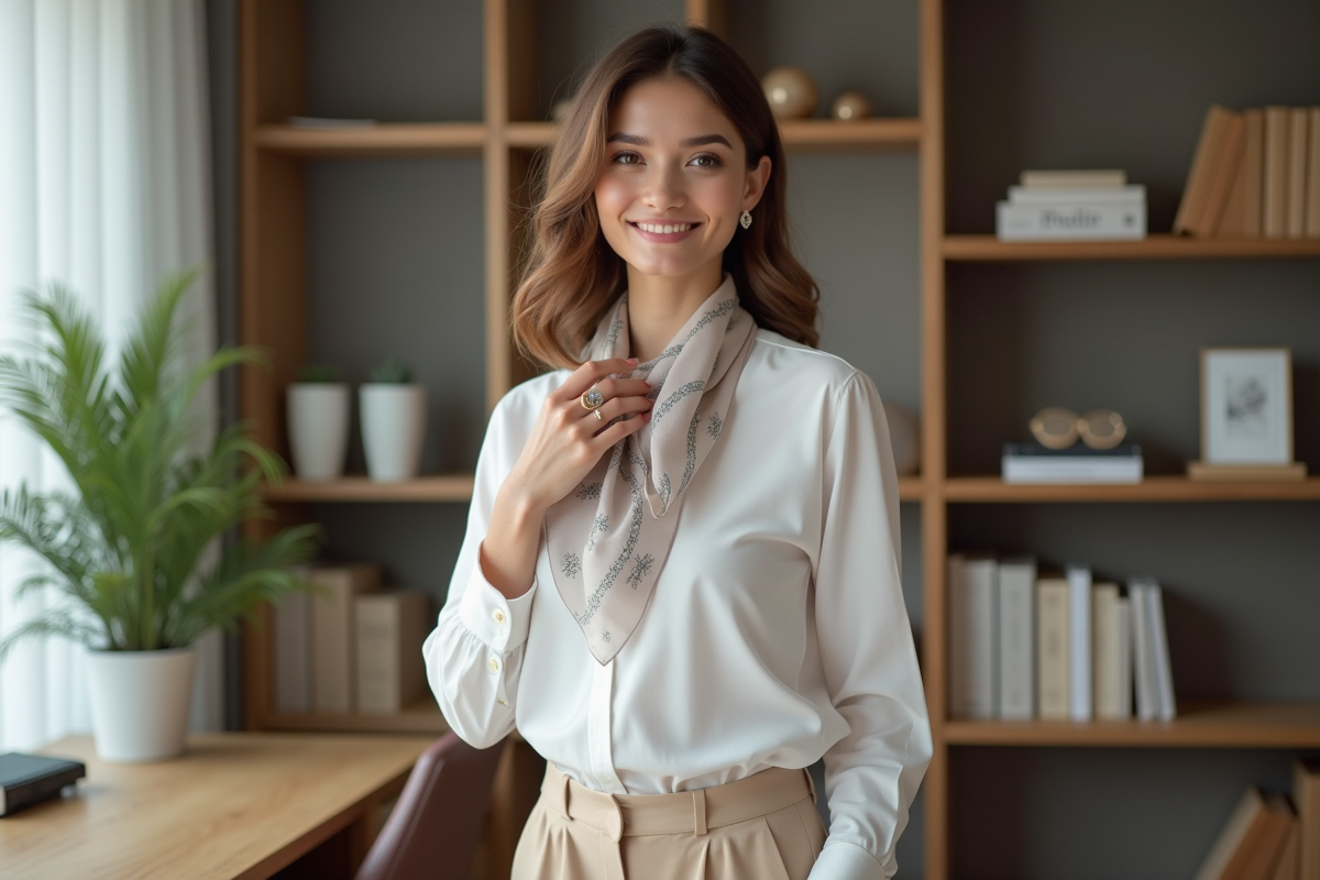 Femme élégante en bureau moderne avec foulard en soie