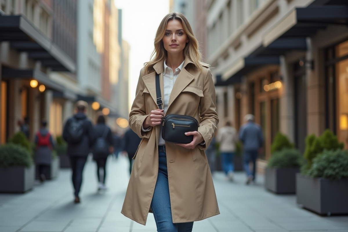Femme élégante portant sac ceinture dans la ville