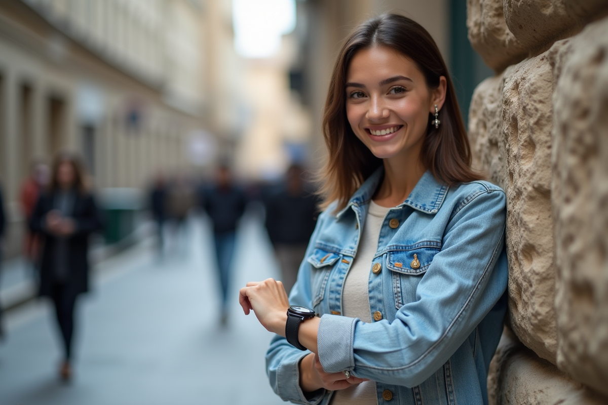 Jeune femme ajustant sa montre en ville