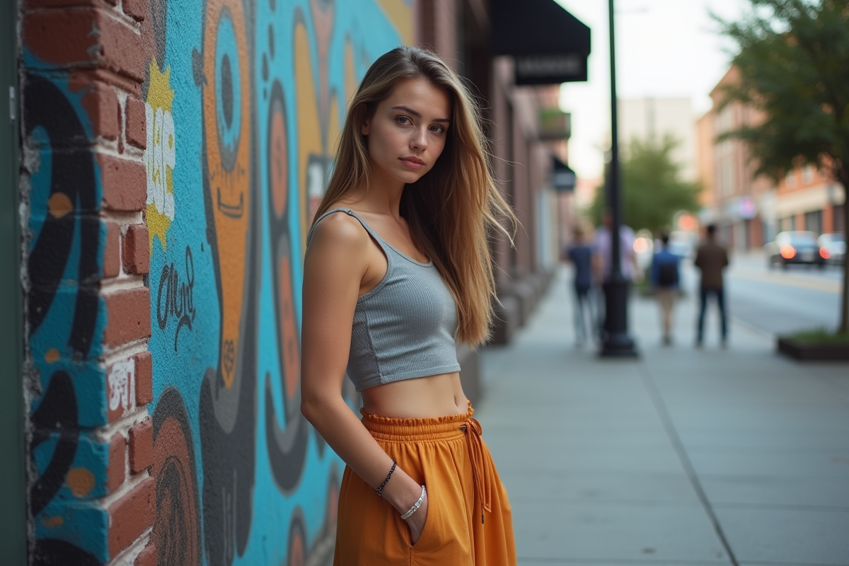 Jeune femme posant devant une fresque murale en ville