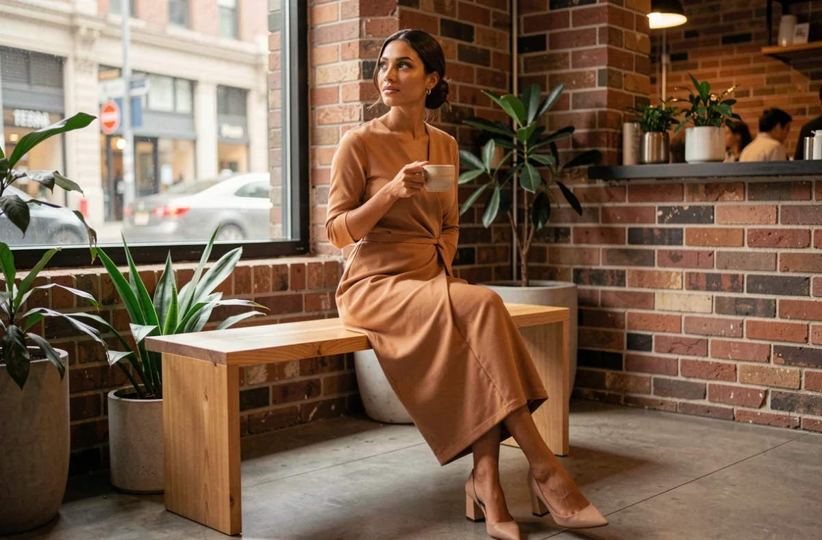 Femme de petite stature en robe portefeuille camel assise dans un café urbain moderne