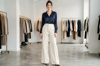 Femme petite taille portant un pantalon taille haute et une blouse en soie dans une boutique parisienne élégante