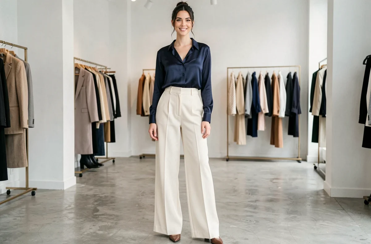 Femme petite taille portant un pantalon taille haute et une blouse en soie dans une boutique parisienne élégante