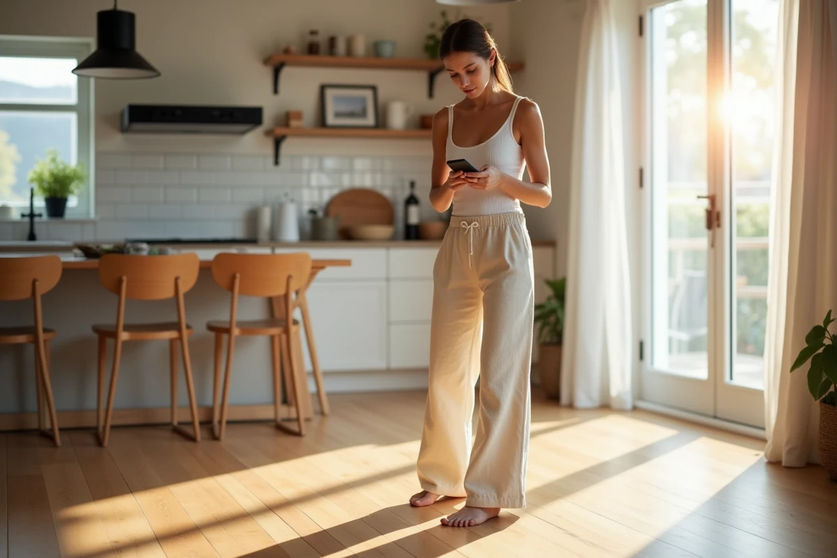 Femme debout pieds nus dans une cuisine moderne, consultant son téléphone avec une expression pensive, symbolisant la réflexion sur les limites personnelles dans la vente de contenu numérique