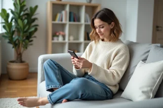 Jeune femme pieds nus assise sur un canapé gris clair, consultant son téléphone dans un appartement minimaliste, illustrant la vente de contenu en ligne et la gestion de demandes inhabituelles