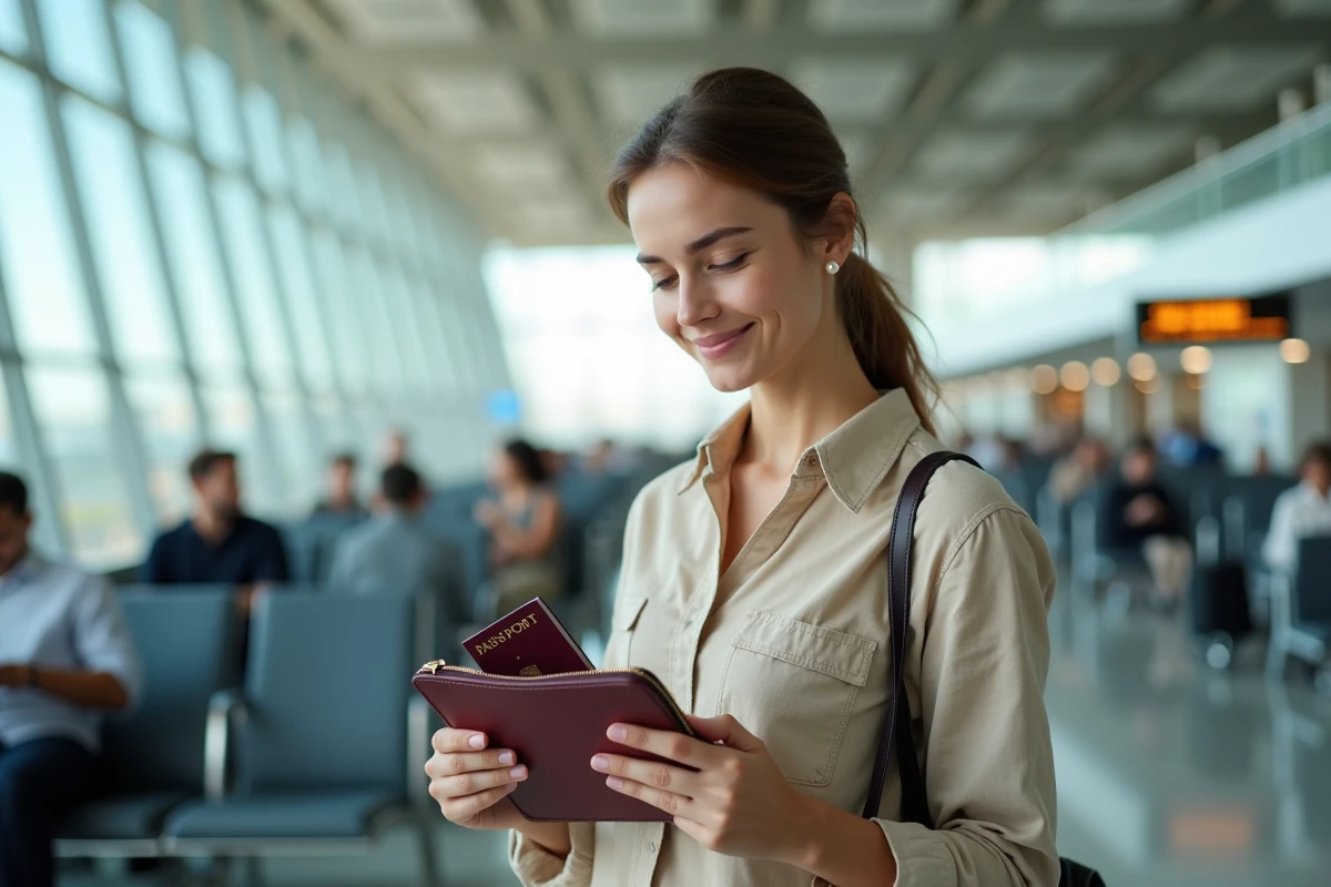 Femme utilisant un porte-carte de voyage bordeaux dans un aéroport pour ranger son passeport