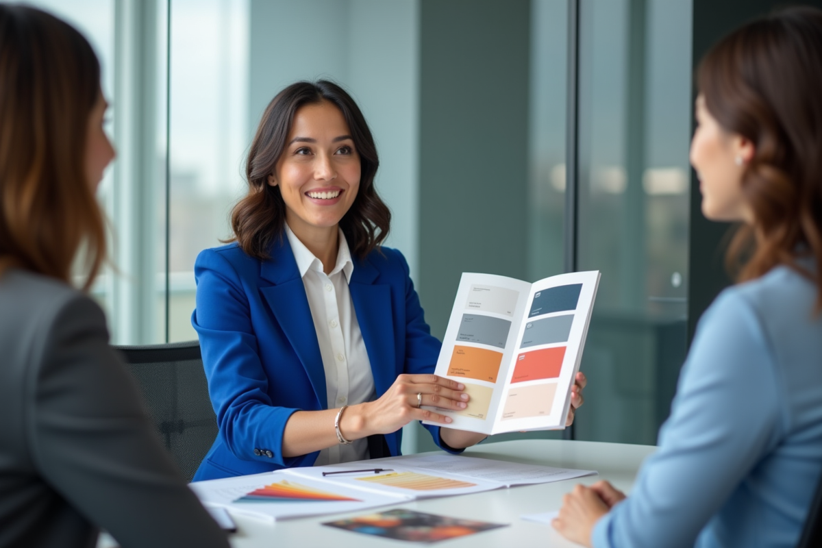 Femme professionnelle présentant une palette de couleurs en réunion