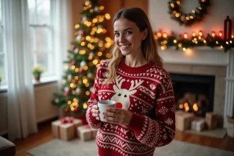 Femme portant un pull de Noël personnalisé avec initiales brodées et motif renne dans un salon décoré pour les fêtes