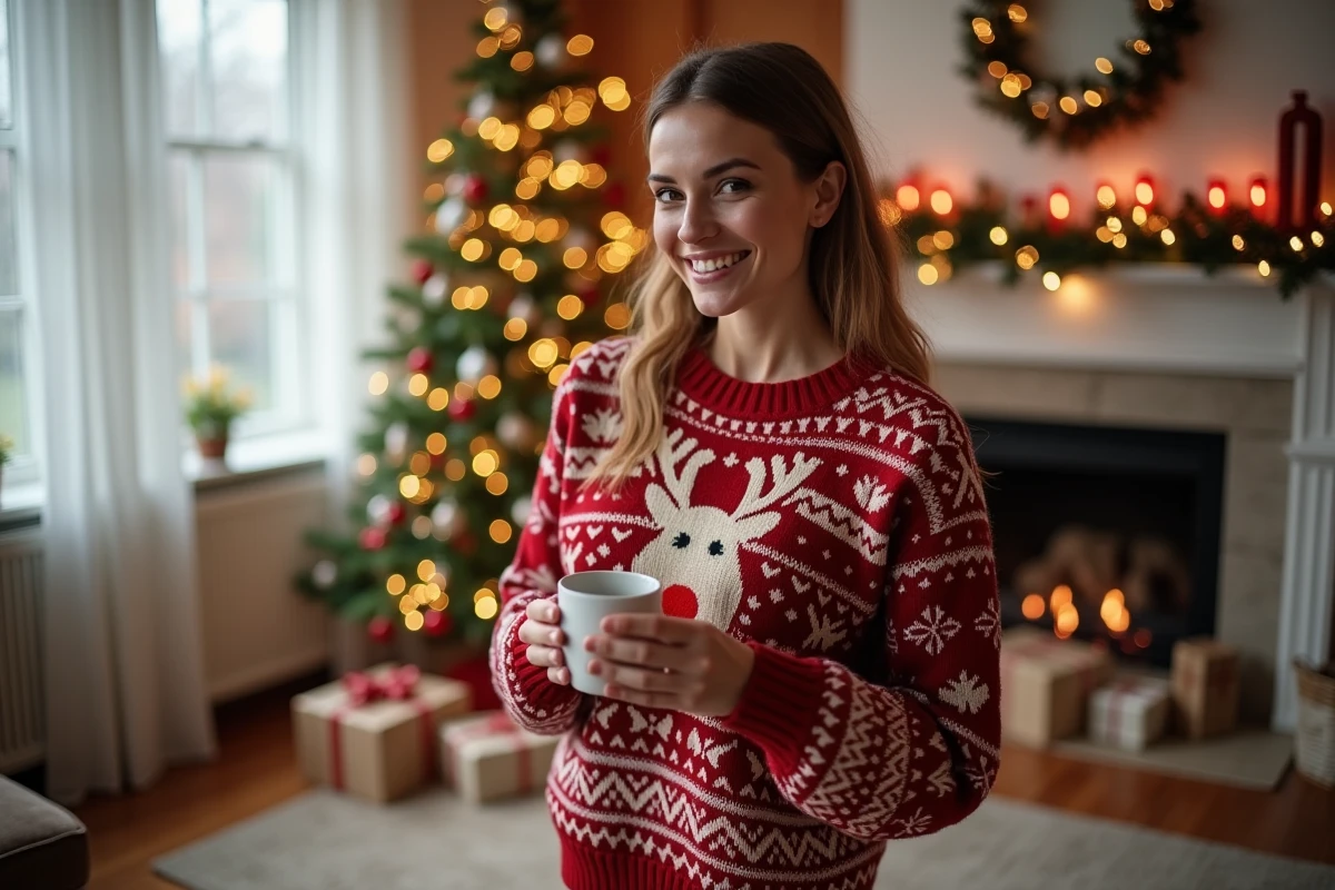 Femme portant un pull de Noël personnalisé avec initiales brodées et motif renne dans un salon décoré pour les fêtes