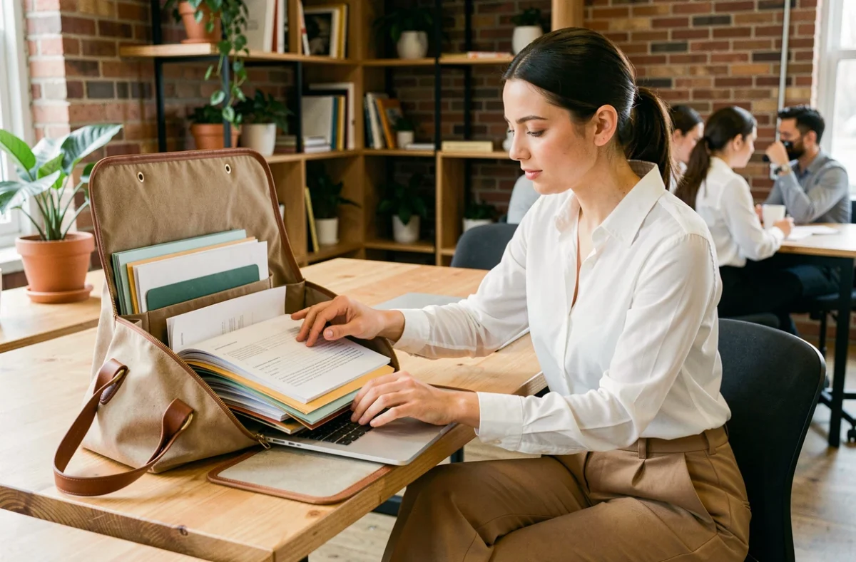 Femme rangeant son ordinateur portable et ses dossiers dans un grand sac de travail dans un espace de coworking
