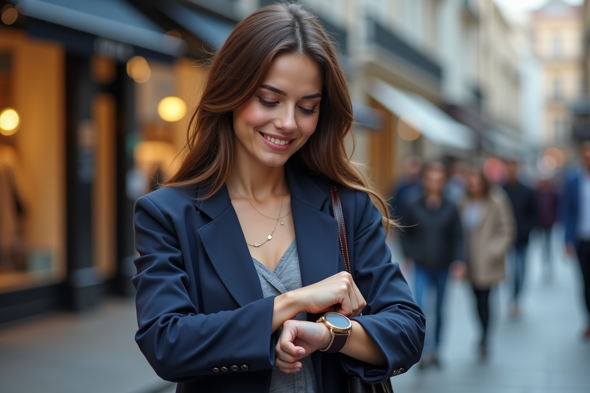 Jeune femme souriante regardant sa montre dans une rue urbaine animée