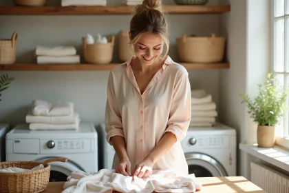 Femme repassant un drap en coton pastel dans une buanderie lumineuse
