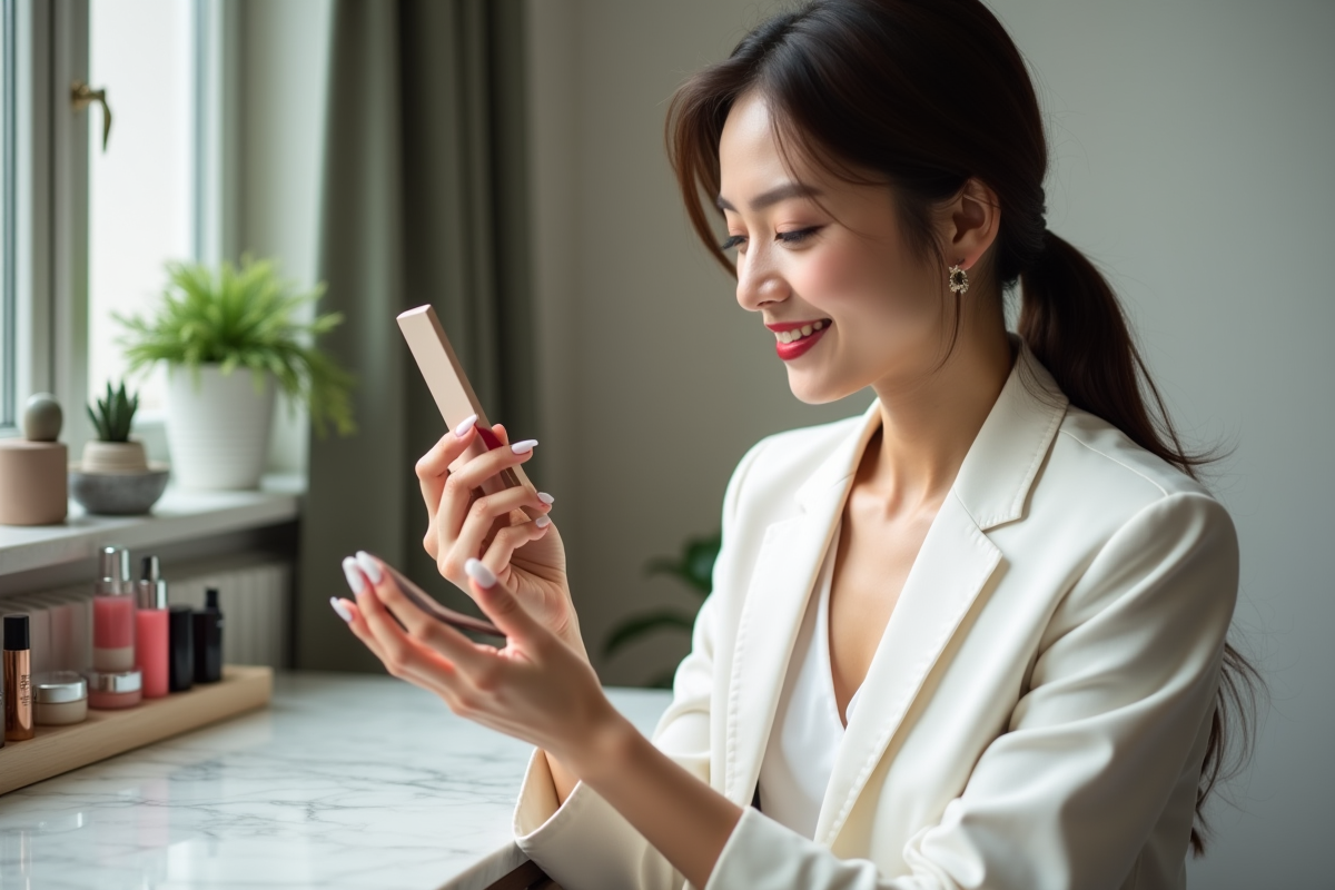 Femme élégante appliquant rouge à lèvres dans un intérieur lumineux