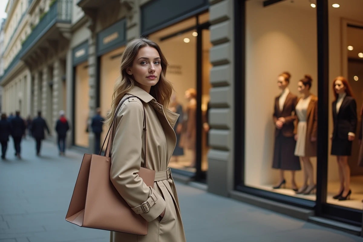 Femme élégante avec sac shopping devant une boutique de luxe sur les Champs-Élysées