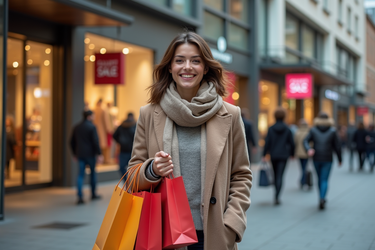 Femme souriante avec sacs de shopping devant un centre commercial