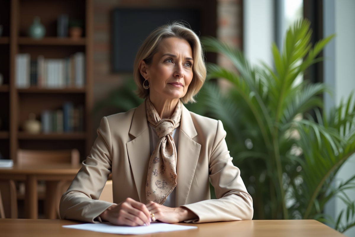 Femme élégante en blazer beige et foulard en satin