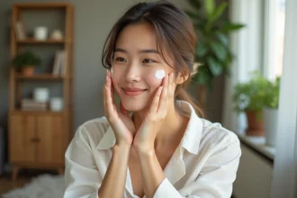 Femme appliquant crème visage dans un cadre cosy