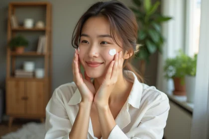 Femme appliquant crème visage dans un cadre cosy