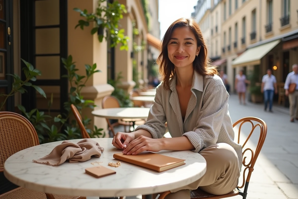 Jeune femme composant un style personnel avec des accessoires sur une terrasse de café parisien ensoleillée