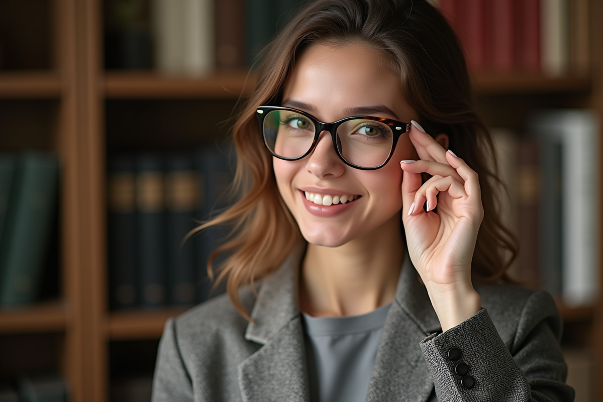 Femme élégante ajustant ses lunettes dans un bureau cosy