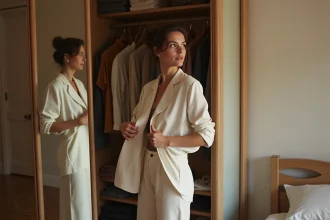 Femme dans la trentaine explorant son style vestimentaire devant une grande armoire ouverte dans un appartement parisien