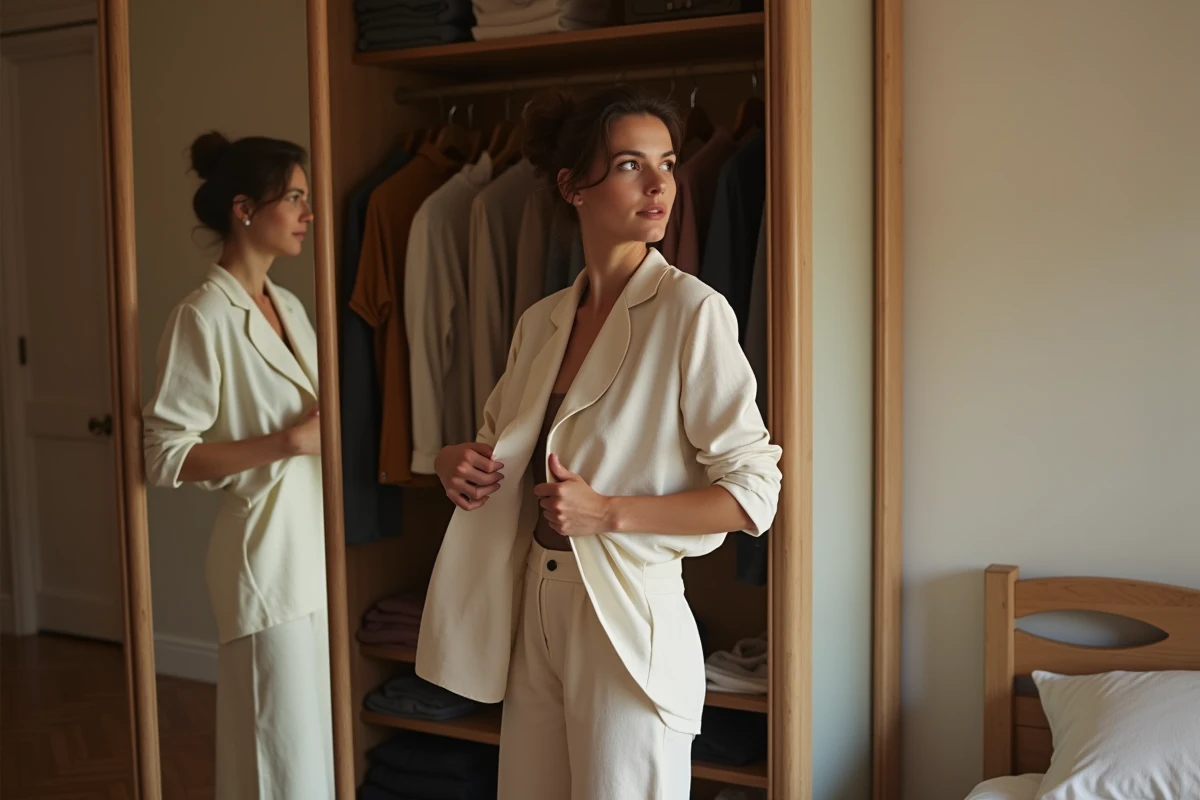 Femme dans la trentaine explorant son style vestimentaire devant une grande armoire ouverte dans un appartement parisien