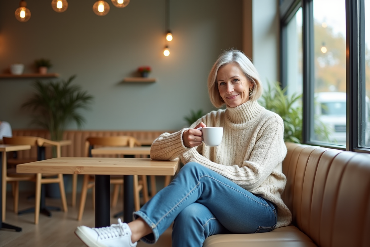 Femme suedoise détendue dans un café lumineux