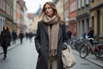 Jeune femme suedoise dans une rue pavée moderne