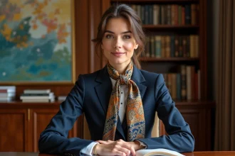 Femme élégante en tailleur nouant une écharpe en soie