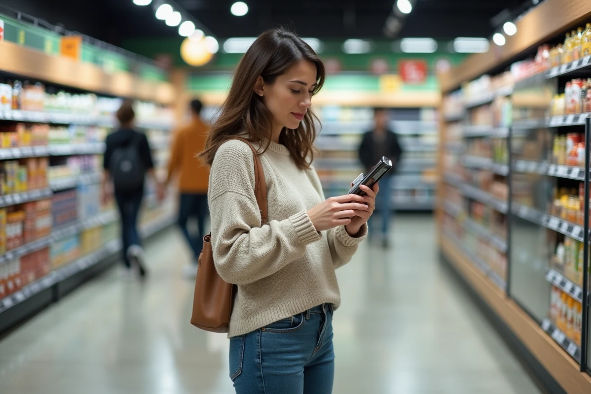 Femme examine un produit en supermarche