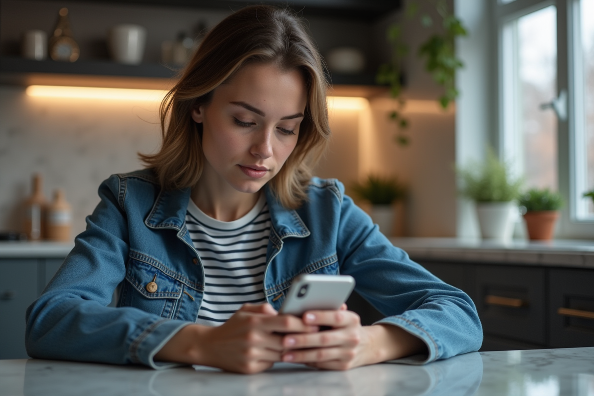 Femme regardant son smartphone dans une cuisine moderne