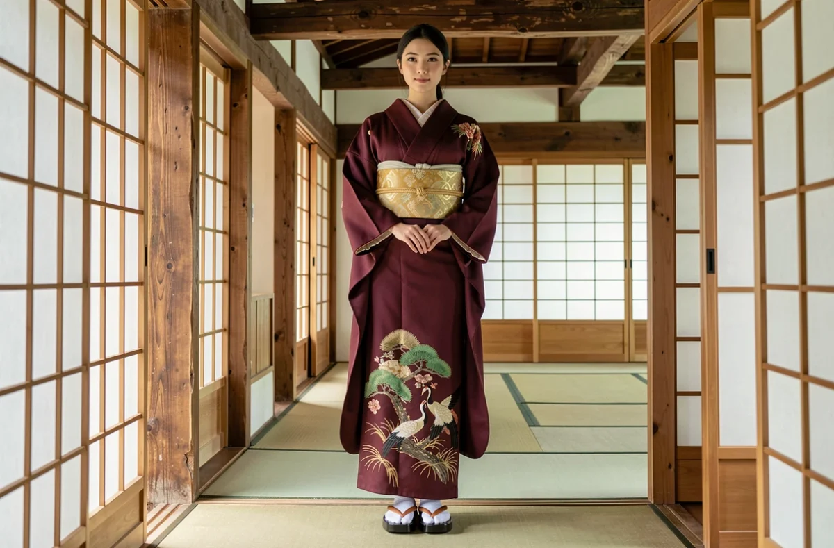 Femme en tomesode bordeaux brodé avec grues et pins posant dans un couloir de maison traditionnelle japonaise machiya