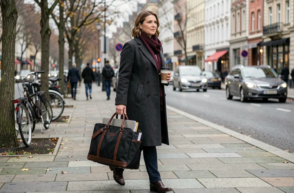 Femme en manteau marchant en ville avec un sac de travail structuré contenant un ordinateur et des documents