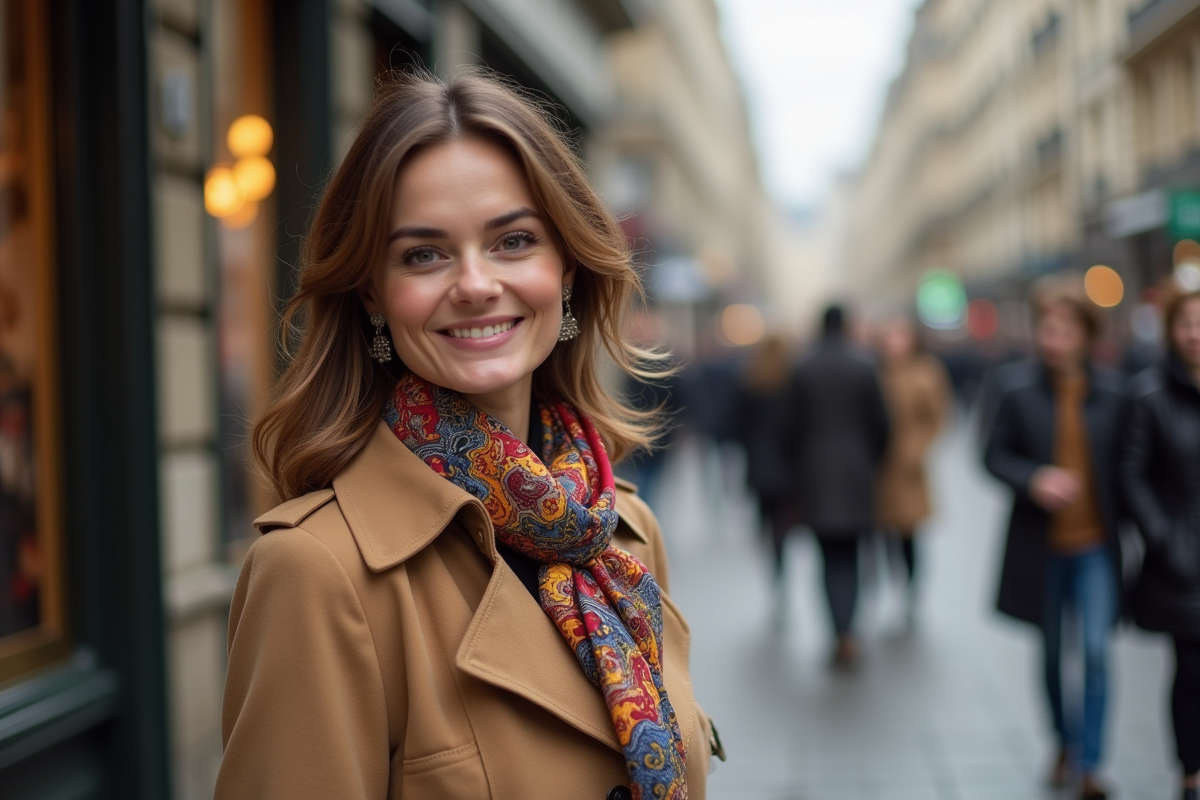 Femme élégante en trench camel et foulard à Paris