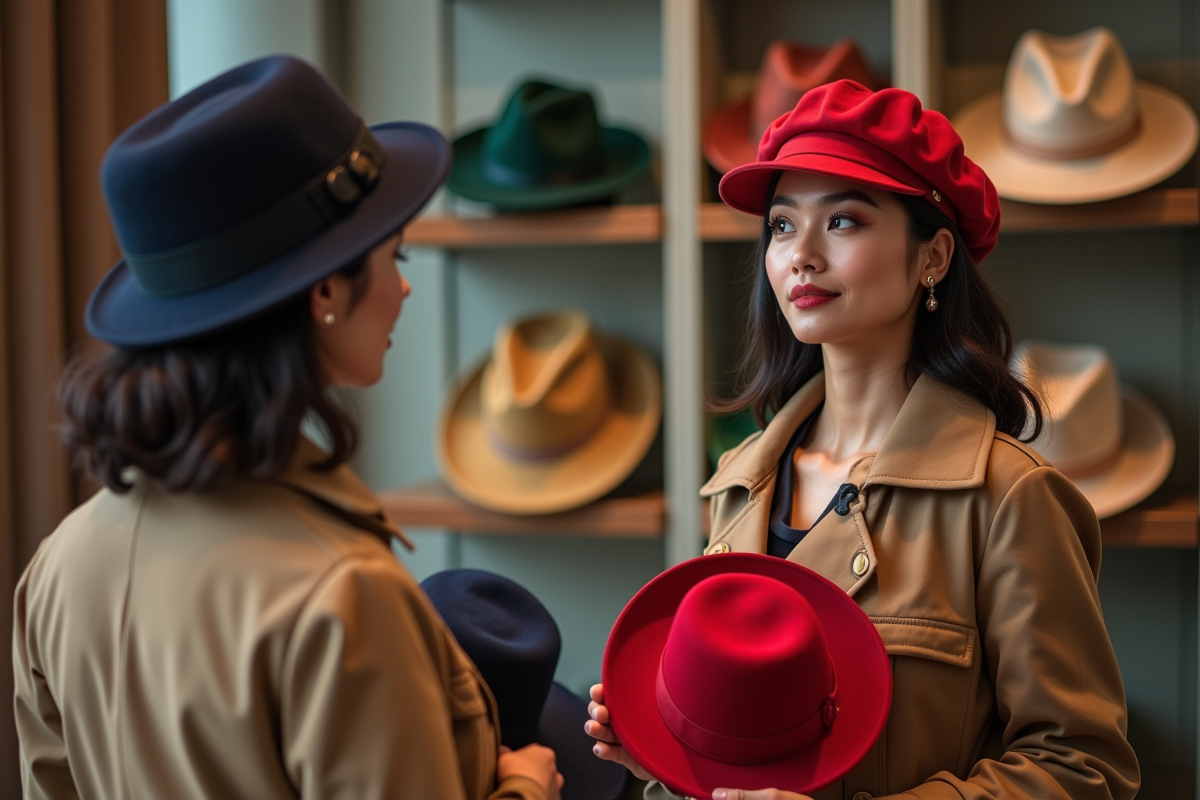 Femme en trench beige essayant des chapeaux en boutique