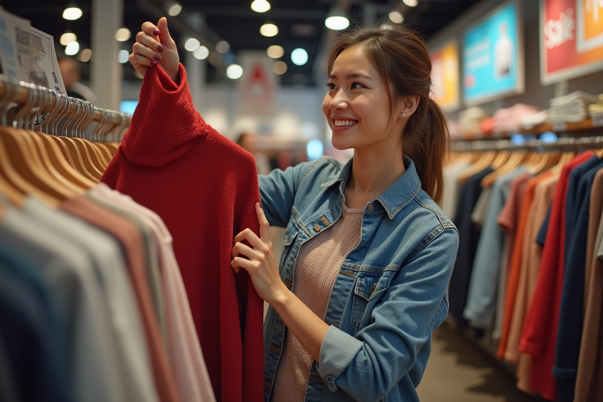 Femme souriante tenant un pull rouge dans un magasin de vêtements