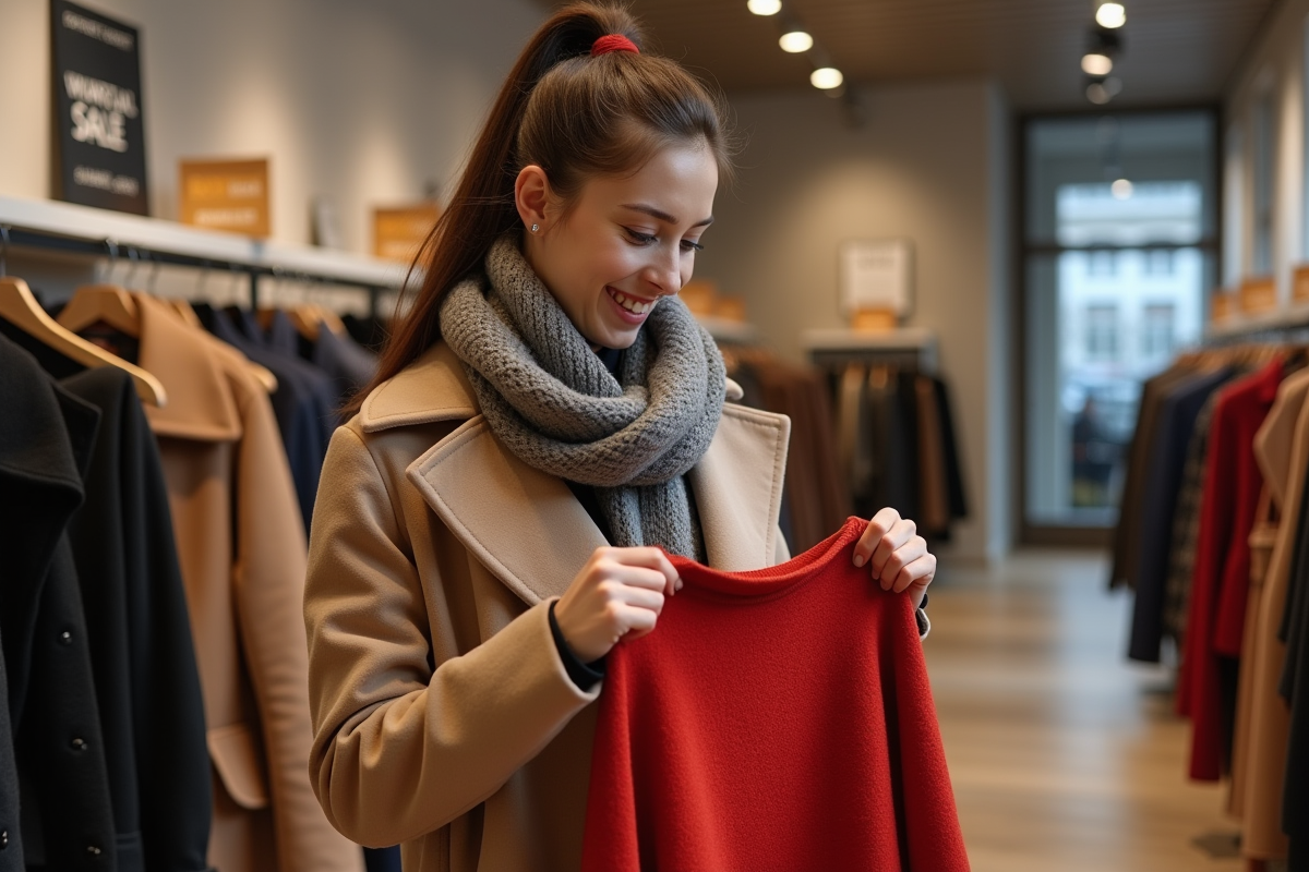 Femme inspectant un pull rouge dans une boutique de mode hiver