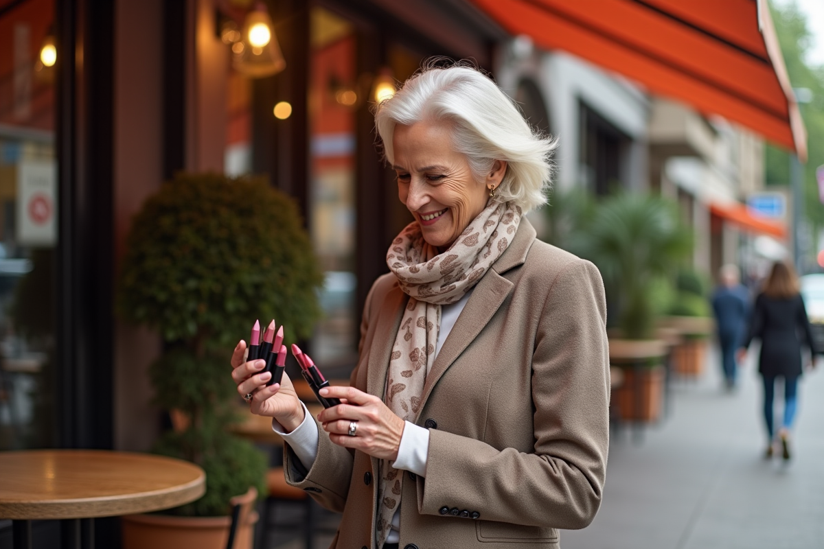 Femme souriante admirant des rouges à lèvres en extérieur