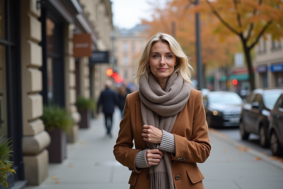 Femme en manteau et écharpe en ville automnale