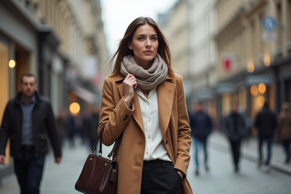 Femme élégante en ville ajustant son foulard en soie