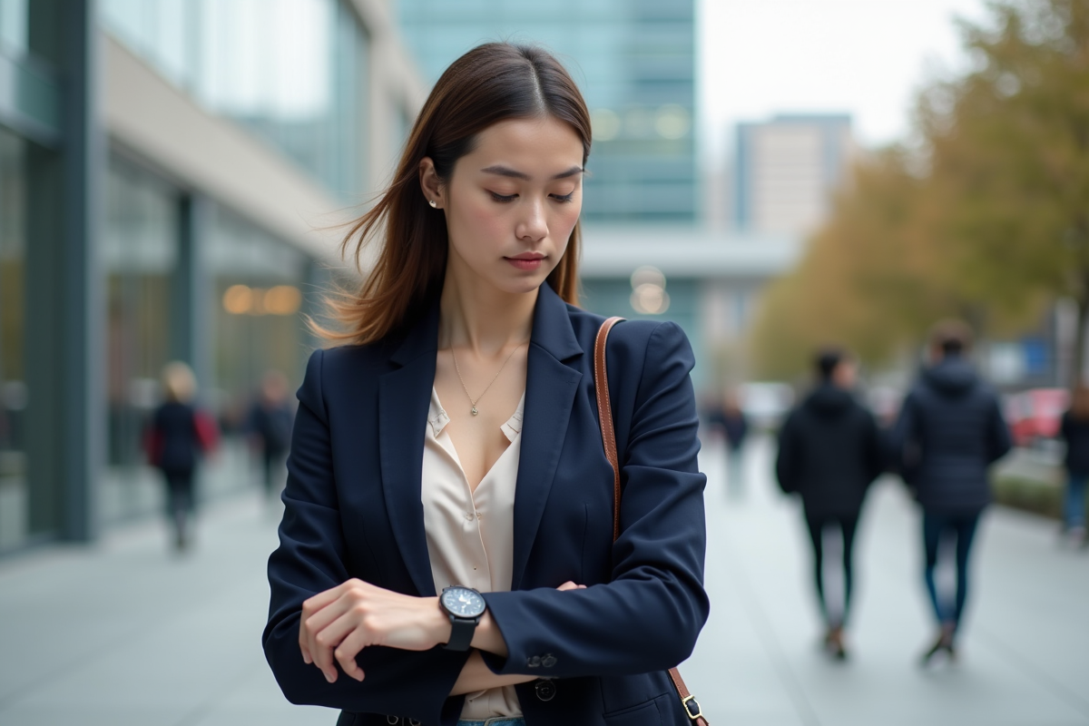 Femme ajustant sa montre dans une place urbaine dynamique